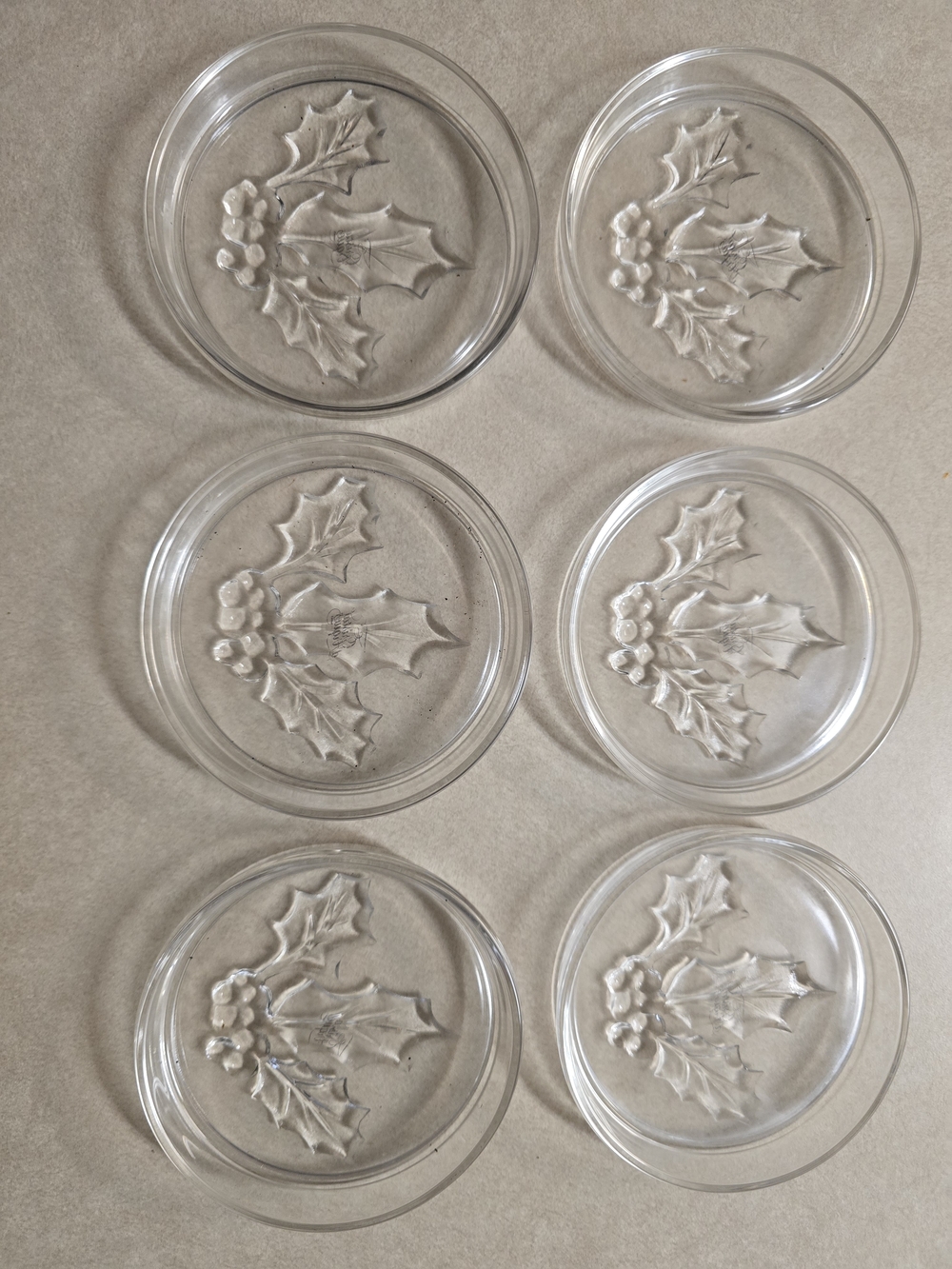 Set of 6 Cristal d'Arques Paris Clear Glass Coasters with Holly Design